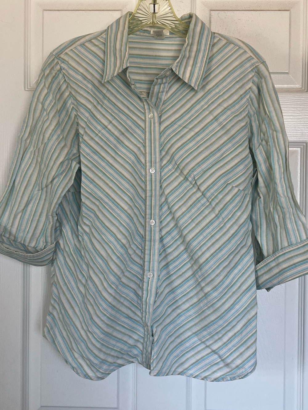 Vintage Y2K Old Navy Striped Linen Cotton Button Up Shirt Blue Green Chevron M L